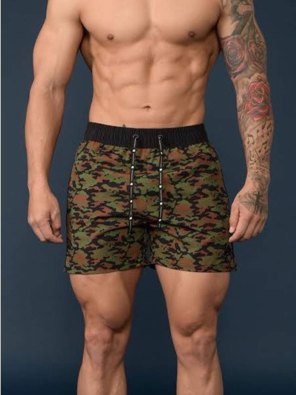 Young LA Camo Athletic Running Shorts XL Green Brown Black Drawstring Pockets